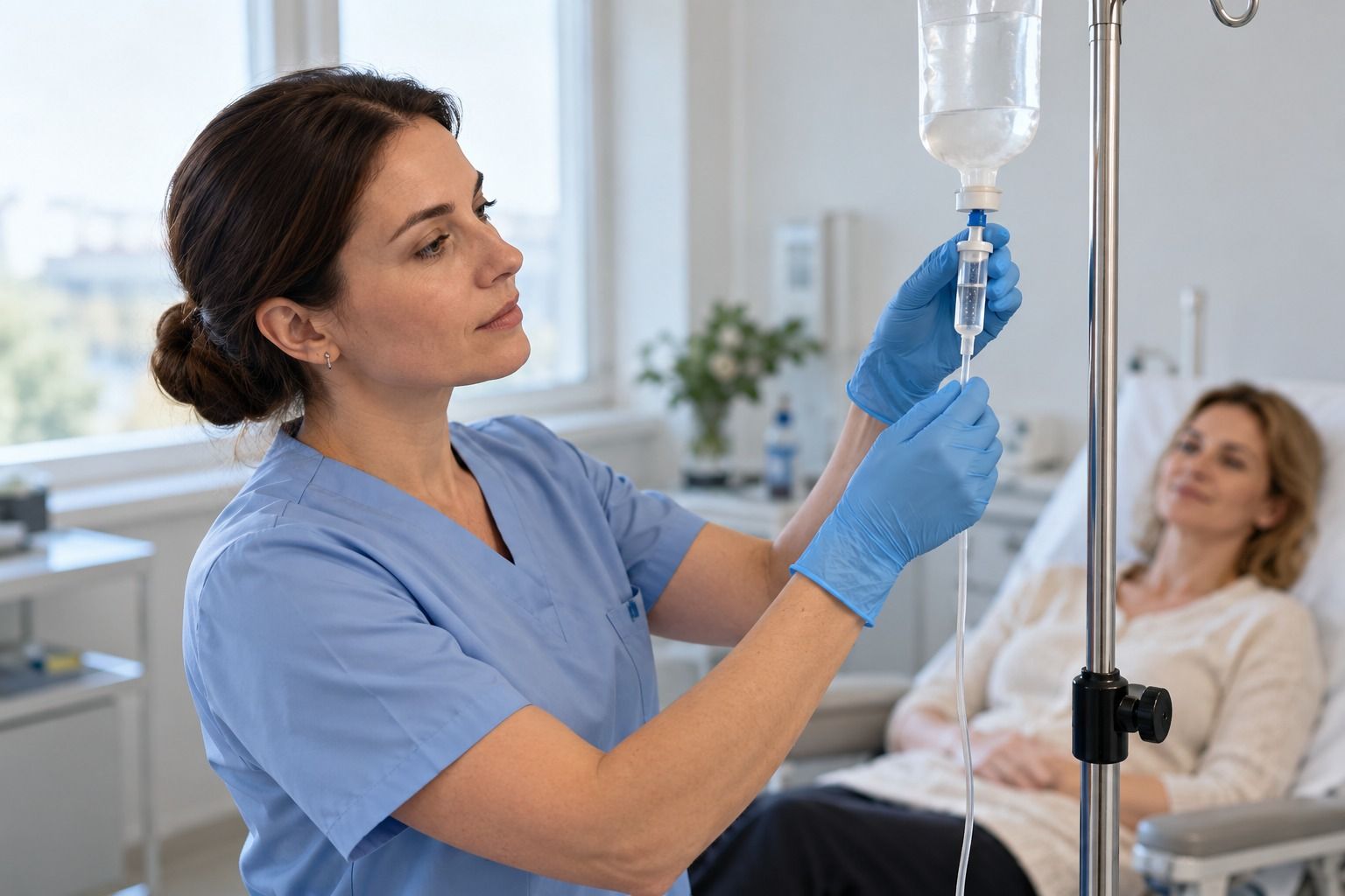 Медсестра проверяет инфузионную систему перед капельницей с магнием